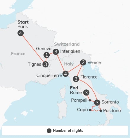 Backpack France, Switzerland and Italy - 28 days Map