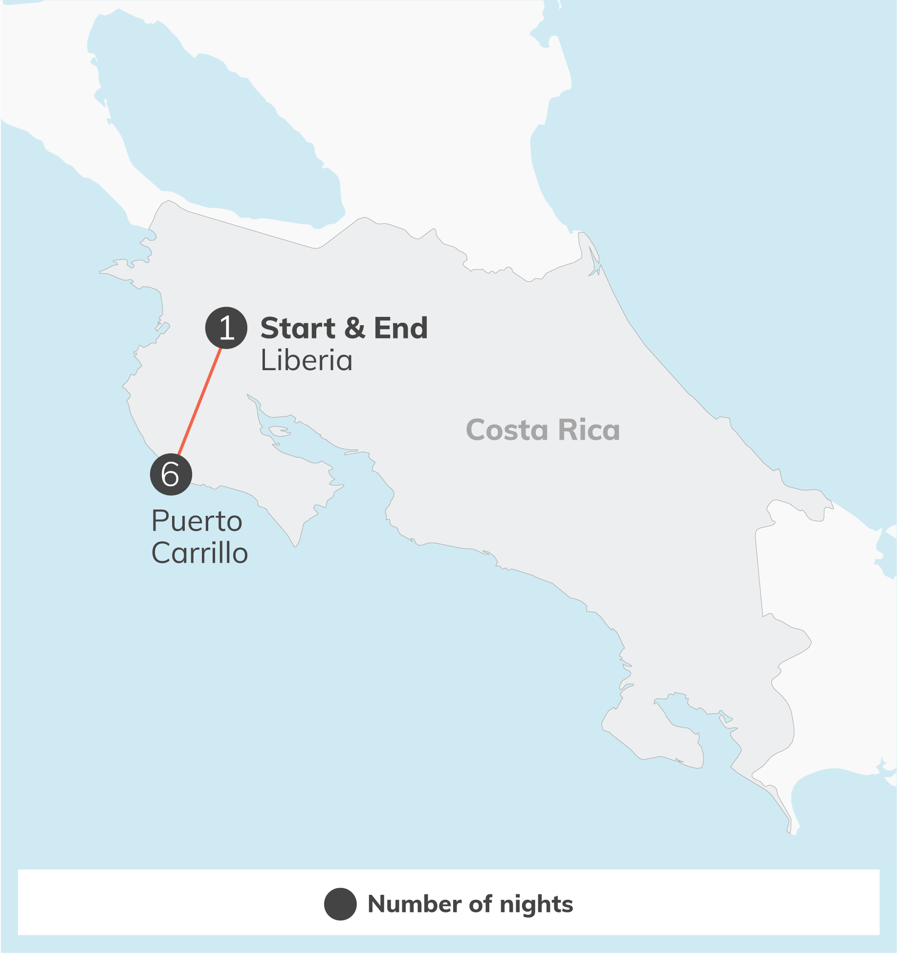 Map segment of Central America showing Liberia, Costa Rica area with numbered markers 1 and 6 along a travel route; bottom overlay reads 'Number of nights' with a dark circle icon.