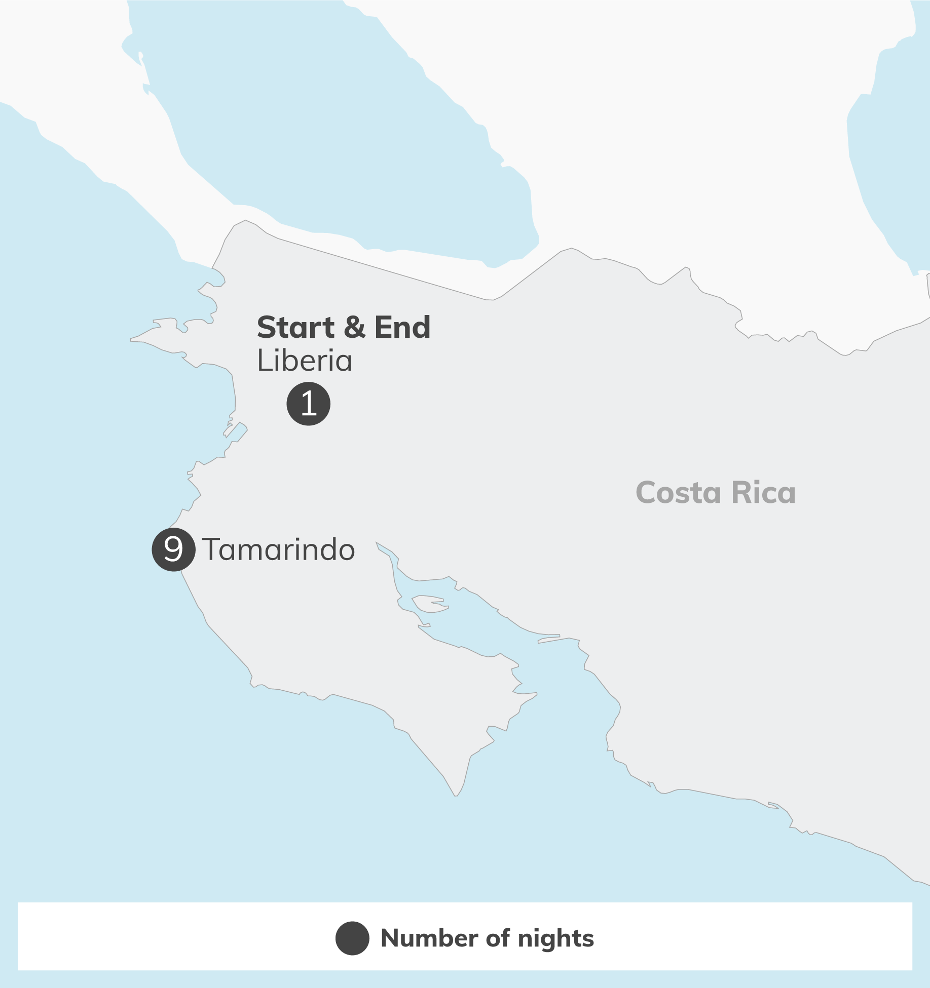 Section of a travel itinerary map showing Liberia and Tamarindo with numbered night markers and a banner reading 'Number of nights'